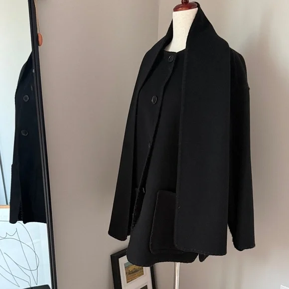👘 Quince 👘 Double-Faced Merino Wool Scarf Coat Black S - Picture 8 of 16